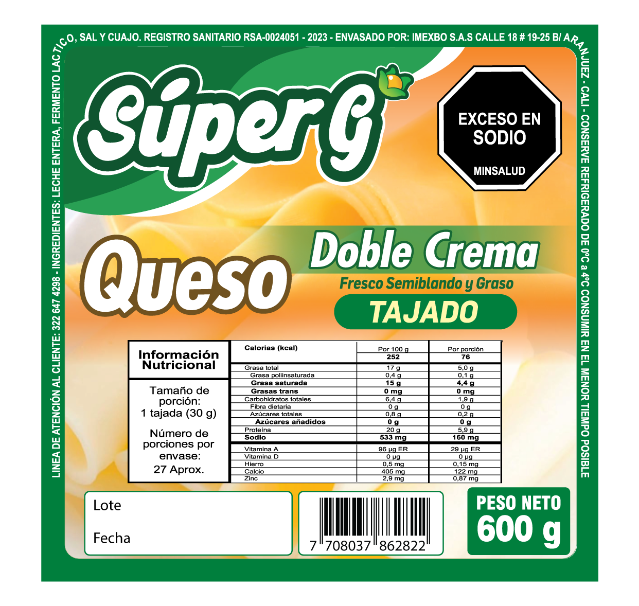 Queso Super G Doble Crema Tajado